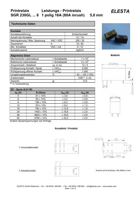 Printrelais SGR 230GL ... 6 1 polig 16A (80A inrush) - Elesta GmbH