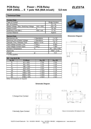 PCB-Relay SGR 230GL ... 6 1 pole 16A (80A inrush) - Elesta GmbH