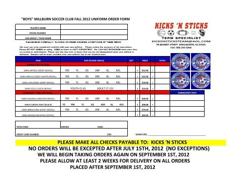 Uniform Order Form Millburn Soccer Club