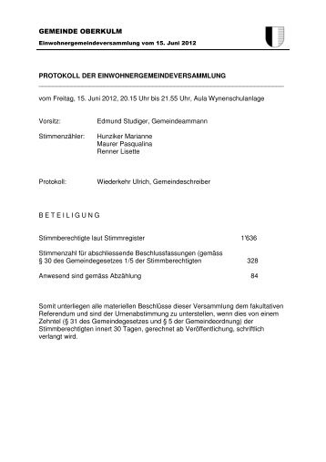 gemeinde oberkulm protokoll der einwohnergemeindeversammlung