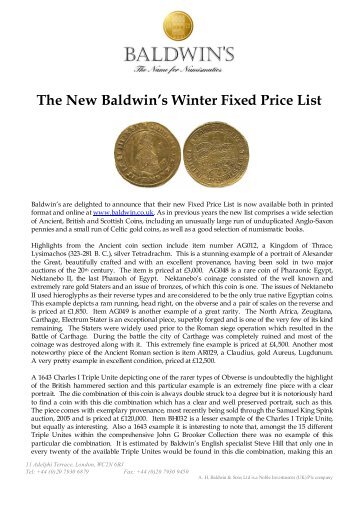 The New Baldwin's Winter Fixed Price List