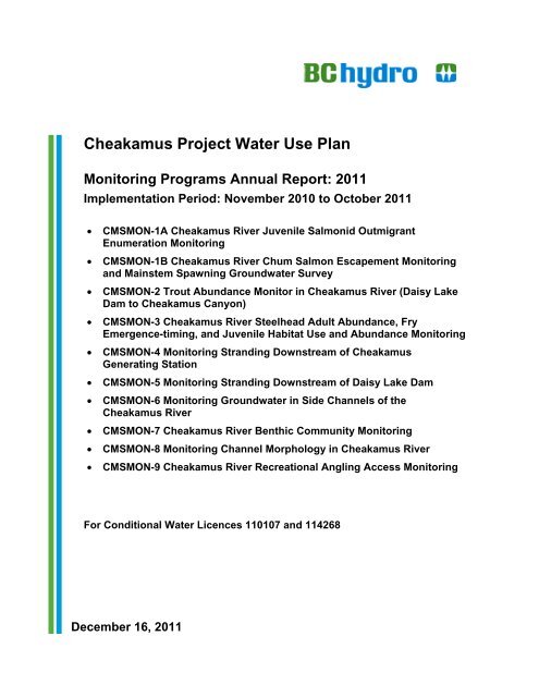Cheakamus Project Water Use Plan Monitoring ... - BC Hydro