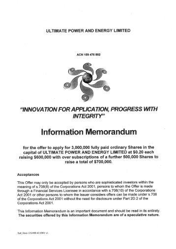 Information Memorandum Download - Ultimate Power & Energy ...