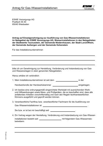 Antrag für Gas-/Wasserinstallationen - ESWE Versorgungs AG