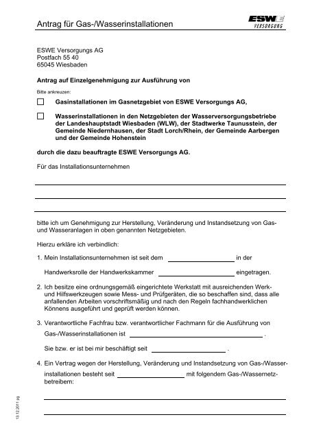 Antrag für Gas-/Wasserinstallationen - ESWE Versorgungs AG