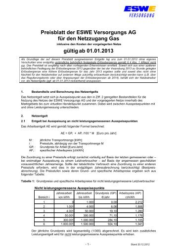 Preisblatt Netzentgelte Gas gültig ab 01.01.2013 - ESWE ...
