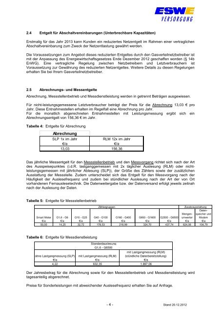 Preisblatt Netzentgelte Gas gültig ab 01.01.2013 - ESWE ...