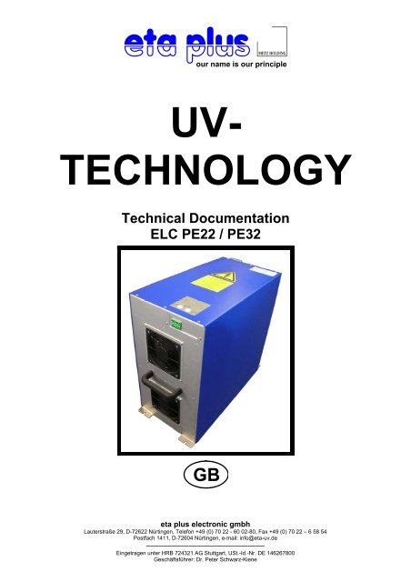 UV- TECHNOLOGY Technical Documentation ELC PE22 / PE32