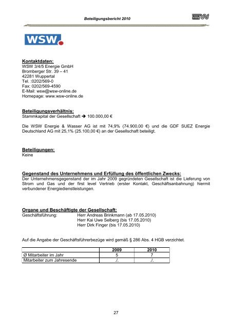 Beteiligungsbericht 2010 Stadt Wuppertal