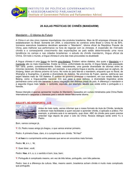20 AULAS PRÁTICAS DE CHINÊS (MANDARIM) Mandarim ... - ipgap 20 AULAS PRÁTICAS DE CHINÊS (MANDARIM) Mandarim ... - ipgap