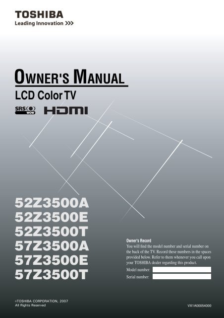 LCD52/57Z3500AET LCD Color TV Owners Manual - Toshiba REGZA