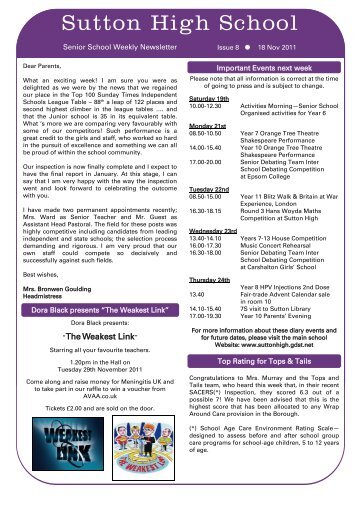 18th November 2011 - Weekly Newsletter Issue 8 - Sutton High School