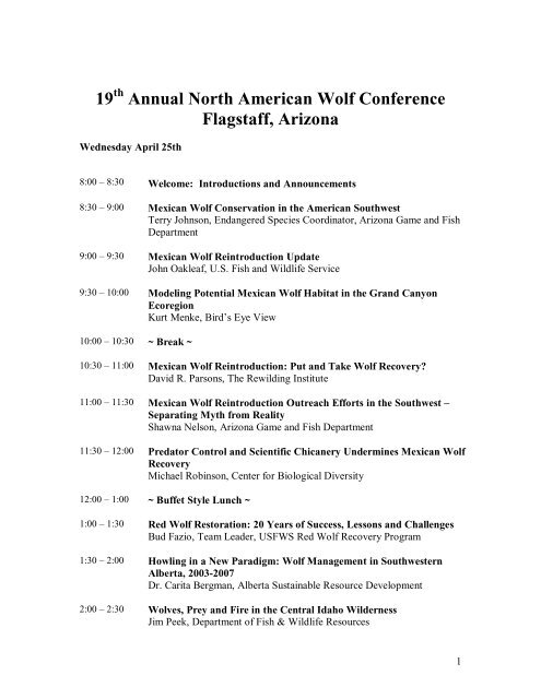 Annual North American Wolf Conference Flagstaff, Arizona