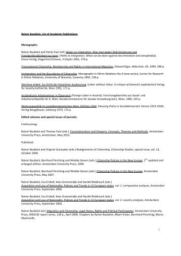 1 Rainer Bauböck: List of Academic Publications Monographs ...