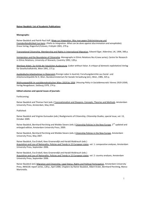 1 Rainer Bauböck: List of Academic Publications Monographs ...