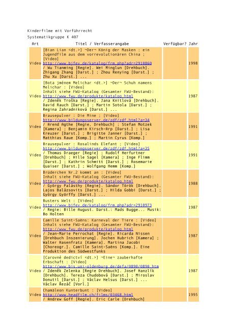 Kinderfilme mit Vorführrecht Systematikgruppe K 407 Art Titel ...
