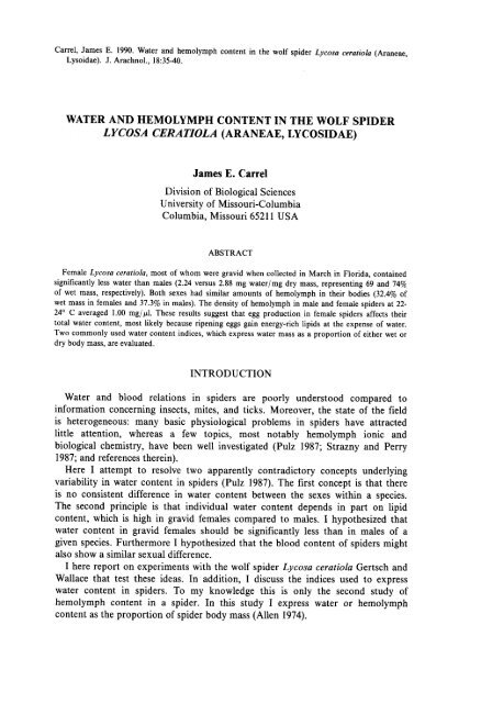 WATER AND HEMOLYMPH CONTENT IN THE WOLF SPIDER ...