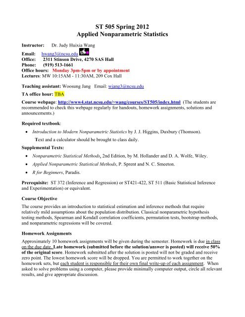 ST 505 Spring 2012 Applied Nonparametric ... - NCSU Statistics