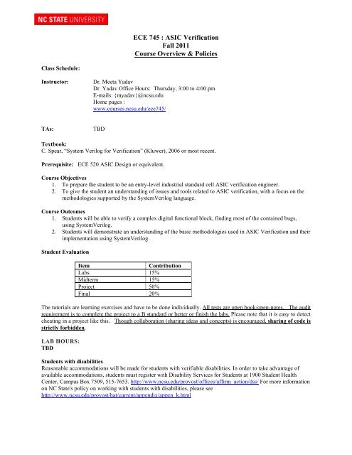 ECE 745 : ASIC Verification Fall 2011 Course Overview & Policies