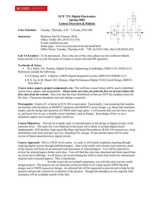 ECE 733: Digital Electronics Spring 2004 Course Overview & Policies