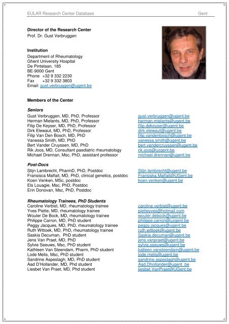EULAR Research Center Database Gent Director of the
