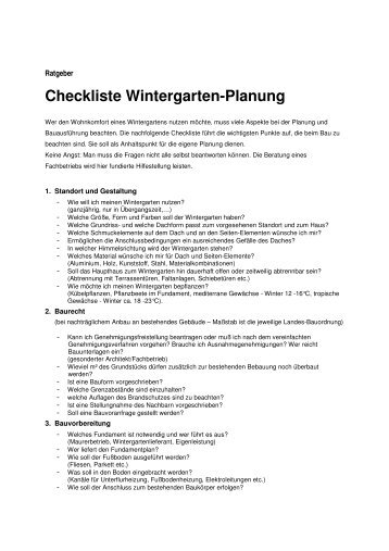 Checkliste Planung Wintergarten - Wintergarten Wolf