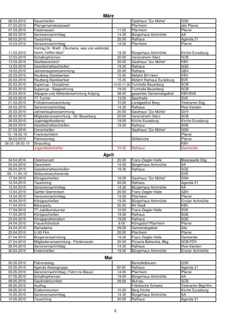 Datum Veranstaltung Zeit Ort Veranstalter Terminübersicht der ...