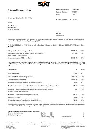 Antrag auf Leasingvertrag - Sixt