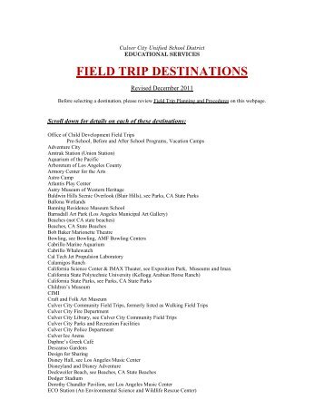 FIELD TRIP DESTINATIONS - Culver City Unified School District