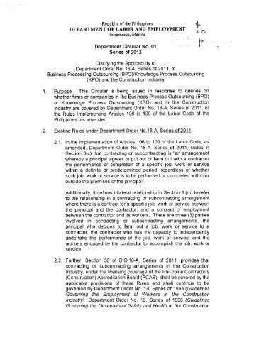 Department Circular No. 01-12 Clarifying the Applicability - DOLE