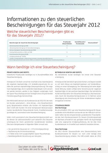 Bescheinigungen für das Steuerjahr 2012 - HypoVereinsbank