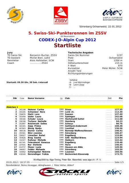 Startliste - Skiclub Werthenstein