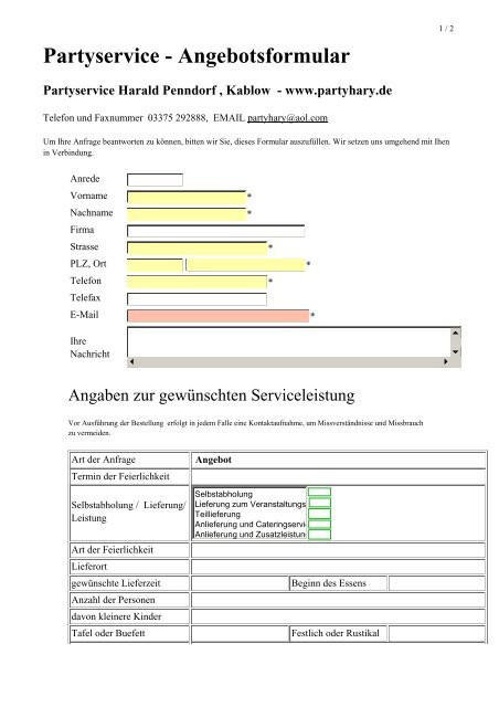 Partyservice - Angebotsformular