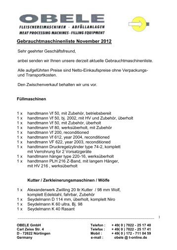 Gebrauchtmaschinenliste November 2012 - obele.net