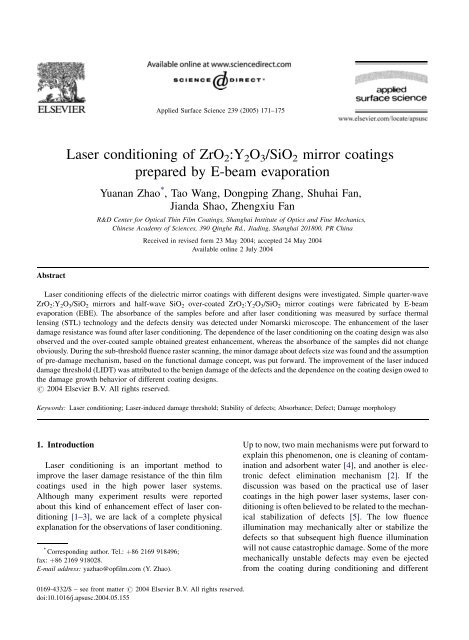 Laser conditioning of ZrO2:Y2O3/SiO2 mirror coatings prepared by ...