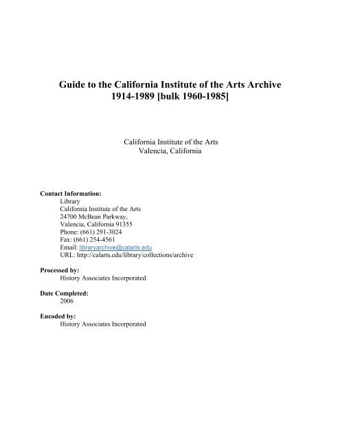 Guide to the California Institute of the Arts Archive 1914-1989 - CalArts