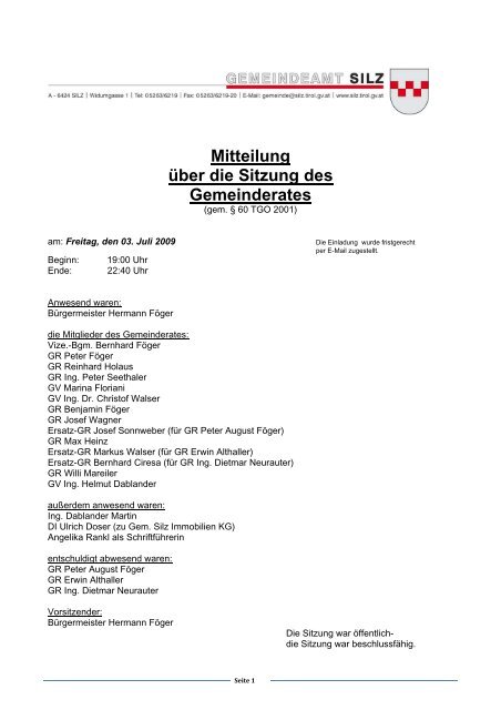 Mitteilung über die Sitzung des Gemeinderates - Gemeinde Silz