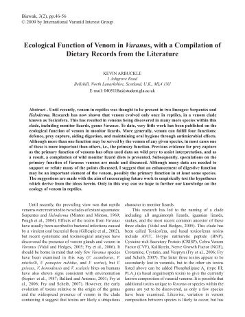 Ecological Function of Venom in Varanus, with a - International ...