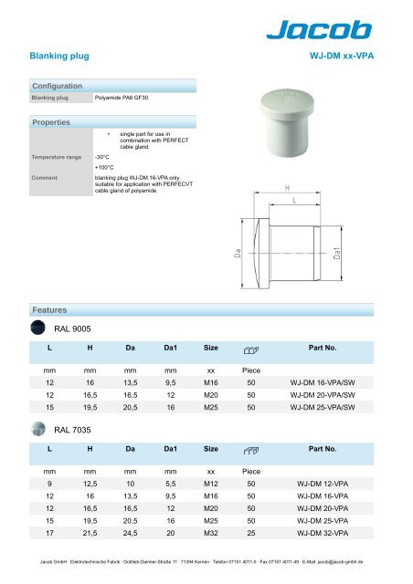 Blanking plug WJ-DM xx-VPA - Jacob GmbH