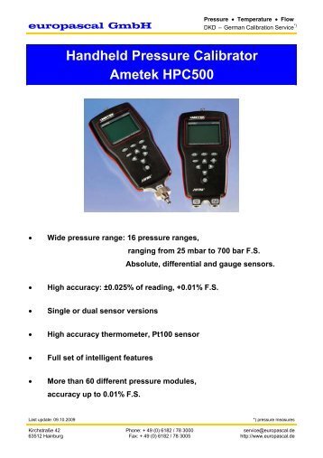 Handheld Pressure Calibrator Ametek HPC500 - Europascal GmbH