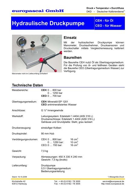 Hydraulische Druckpumpe - Europascal GmbH