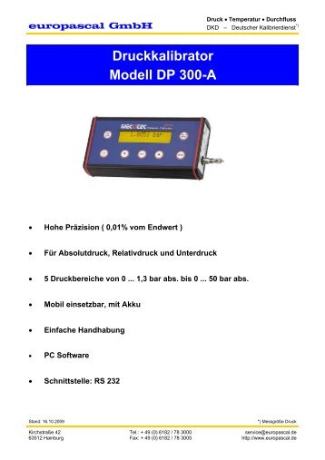 Druckkalibrator Modell DP 300-A - Europascal GmbH