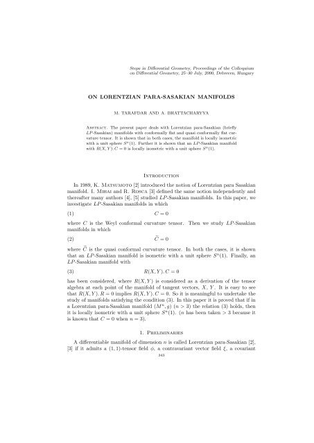 ON LORENTZIAN PARA-SASAKIAN MANIFOLDS Introduction In ...