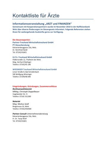 Arzt-Kontaktliste - Partner-Treuhand Wirtschaftstreuhand GmbH