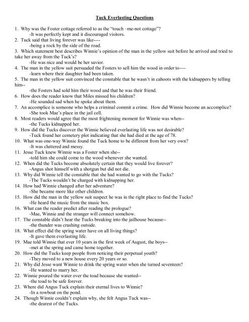 Tuck Everlasting Questions 1 Aawhy Was The Foster Cottage Referred