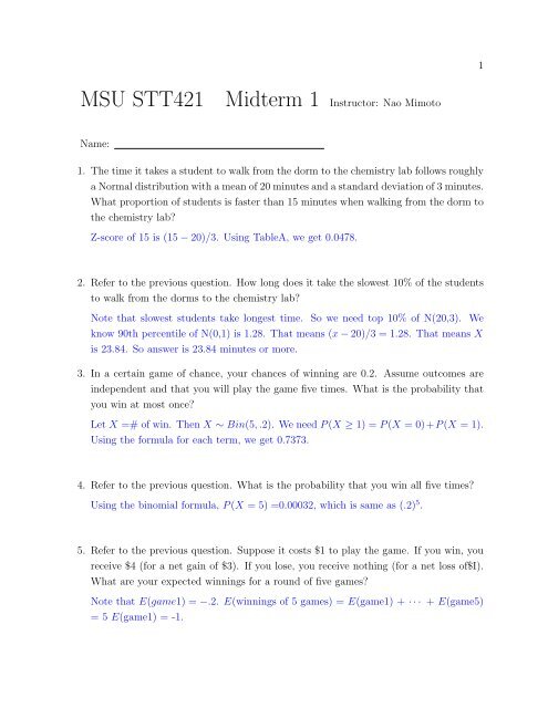 Solution To Practice Midterm 2 Department Of Statistics And Solution To Practice Midterm 2 Department Of Statistics And