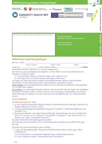 MRSA-Sanierungsschema/ Übergabebogen MRSA-Sanierungs ...