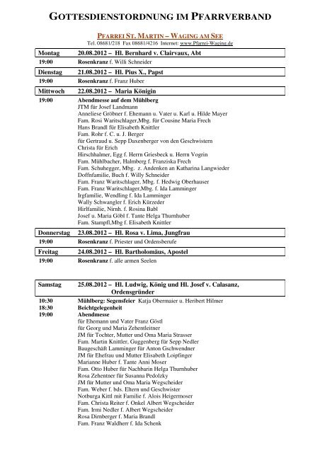 GOTTESDIENSTORDNUNG IM PFARRVERBAND - Pfarrei Waging