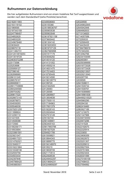 Rufnummern zur Datenverbindung 2010 03