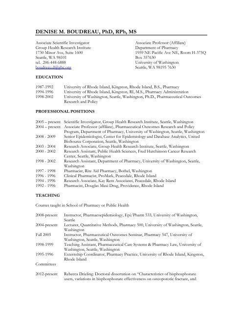 Curriculum vitae (CV) - Group Health Research Institute